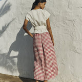 R: Maxi WELS wide leg linen pants (Color: Indigo Grid; Size: S - MAXI length)