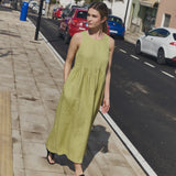 customized: NAPA long linen dress (Color: Avocado Checks; Size: XS - MAXI length)
