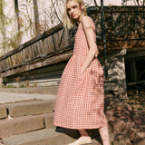 R: Maxi SMOCK loose linen dress (Color: Lightweight Olive Gingham; Size: M/L - MAXI length)