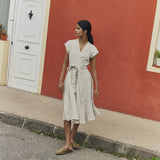 R: CANNES-2 wrap linen dress (Color: Beige; Size: XS)