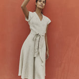R: CANNES-2 wrap linen dress (Color: Beige; Size: XS)