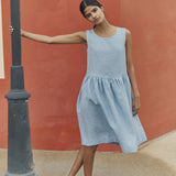R: Midi SMOCK loose linen dress (Color: Blue July; Size: M - MIDI length)