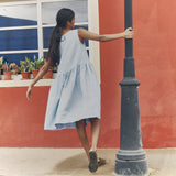 R: Midi SMOCK loose linen dress (Color: Blue July; Size: M - MIDI length)