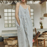 R: SARAH button down slip linen dress (Color: Admiral Blue; Size: M/L - MAXI length)