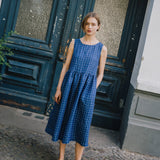 R: Maxi SMOCK loose linen dress (Color: Blue Checks; Size: M/L - MAXI length)