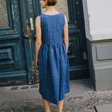 customized: Maxi SMOCK loose linen dress (Color: Raspberry Grid; Size: L - MAXI length)
