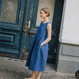 customized: Maxi SMOCK loose linen dress (Color: Raspberry Grid; Size: L - MAXI length)