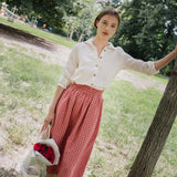 R: SION gathered linen skirt (Color: Ruby Red Floral; Size: M)