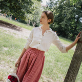 R: SION gathered linen skirt (Color: Ruby Red Floral; Size: M)
